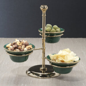 3-Tier Condiment Bowl Set with Gold Stand and Green Ceramic Bowls